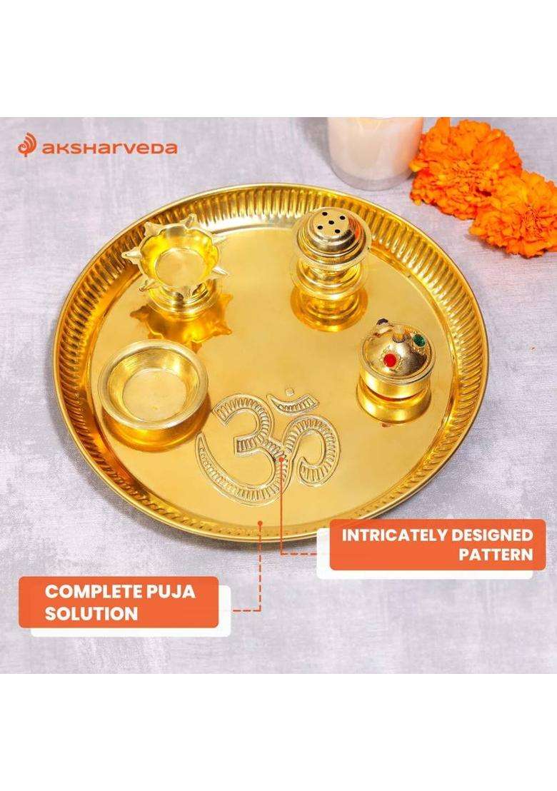 Aksharveda Pooja Thali Set Brass (Gold) - Indya