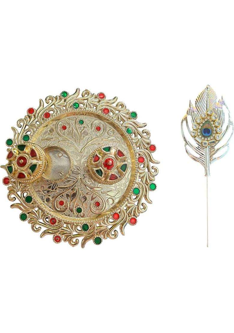 Morel 14Cm Meenakari Decorative Kumkum Holder And Feather Tilak Stick Combo Gold Plated (1 Pieces Multicolor) - Indya