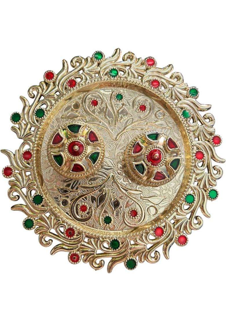 Morel 14Cm Meenakari Decorative Kumkum Holder And Feather Tilak Stick Combo Gold Plated (1 Pieces Multicolor) - Indya