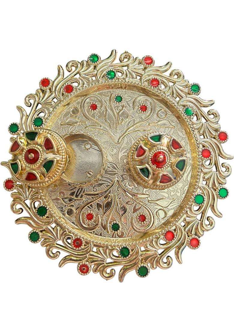 Morel 14Cm Meenakari Decorative Kumkum Holder And Feather Tilak Stick Combo Gold Plated (1 Pieces Multicolor) - Indya
