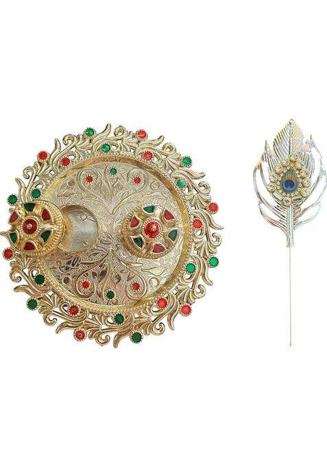 Morel 14Cm Meenakari Decorative Kumkum Holder And Feather Tilak Stick Combo Gold Plated (1 Pieces Multicolor)