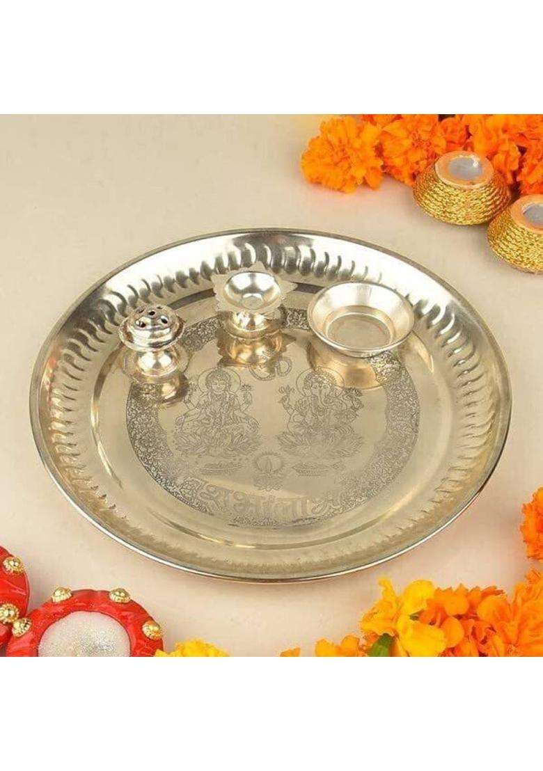 Trendy Abode Shubh Labh / Pooja Thali Stainless Steel (1 Pieces Silver) - Indya