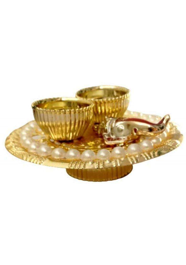 P A Health And Fitness Decorated Acralic Haldi Kumkum Holder/Pooja Thali/Rakhi Puja Plate3.5Inch Gold Plated (1 Pieces Multicolor) - Indya