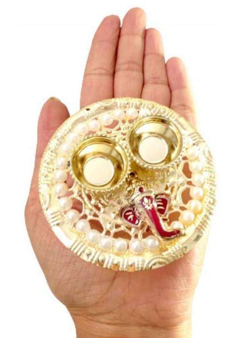 P A Health And Fitness Decorated Acralic Haldi Kumkum Holder/Pooja Thali/Rakhi Puja Plate3.5Inch Gold Plated (1 Pieces Multicolor) - Indya
