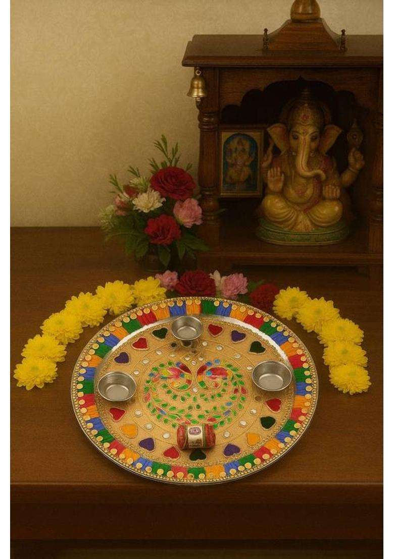 Bainada Industries Decorative Pooja Thali Plate With Border Roli Chawal Containers For Temple Steel (1 Pieces Multicolor) - Indya
