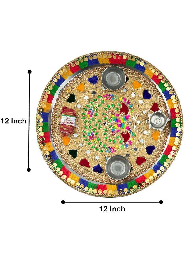 Bainada Industries Decorative Pooja Thali Plate With Border Roli Chawal Containers For Temple Steel (1 Pieces Multicolor) - Indya