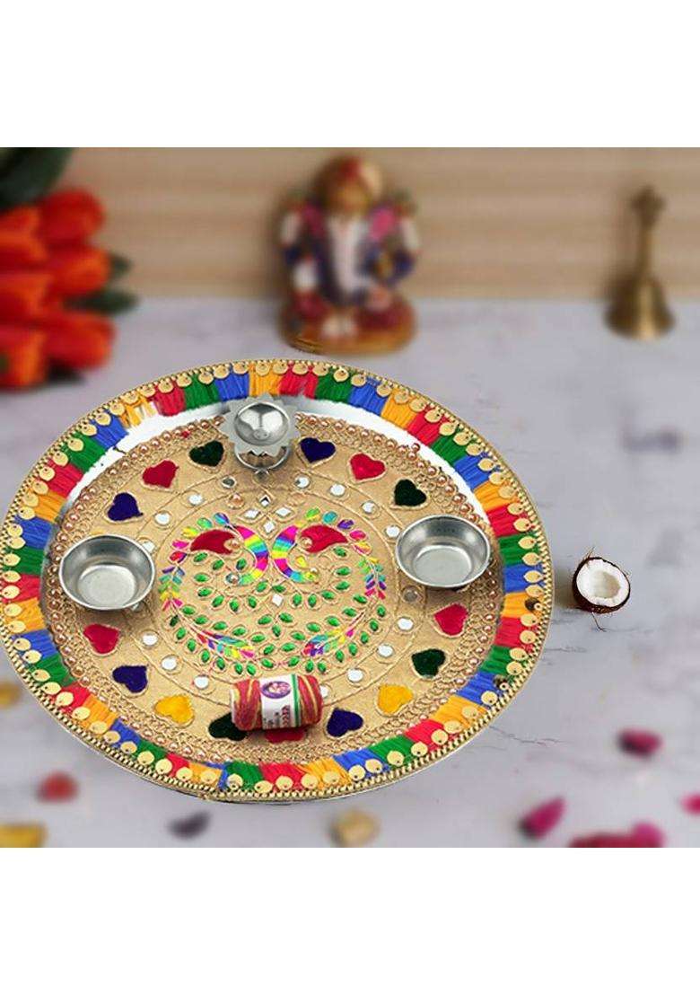 Bainada Industries Decorative Pooja Thali Plate With Border Roli Chawal Containers For Temple Steel (1 Pieces Multicolor) - Indya