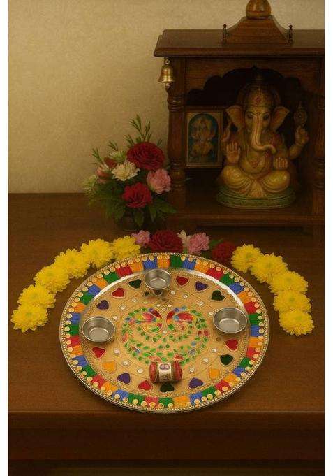 Bainada Industries Decorative Pooja Thali Plate With Border Roli Chawal Containers For Temple Steel (1 Pieces Multicolor)