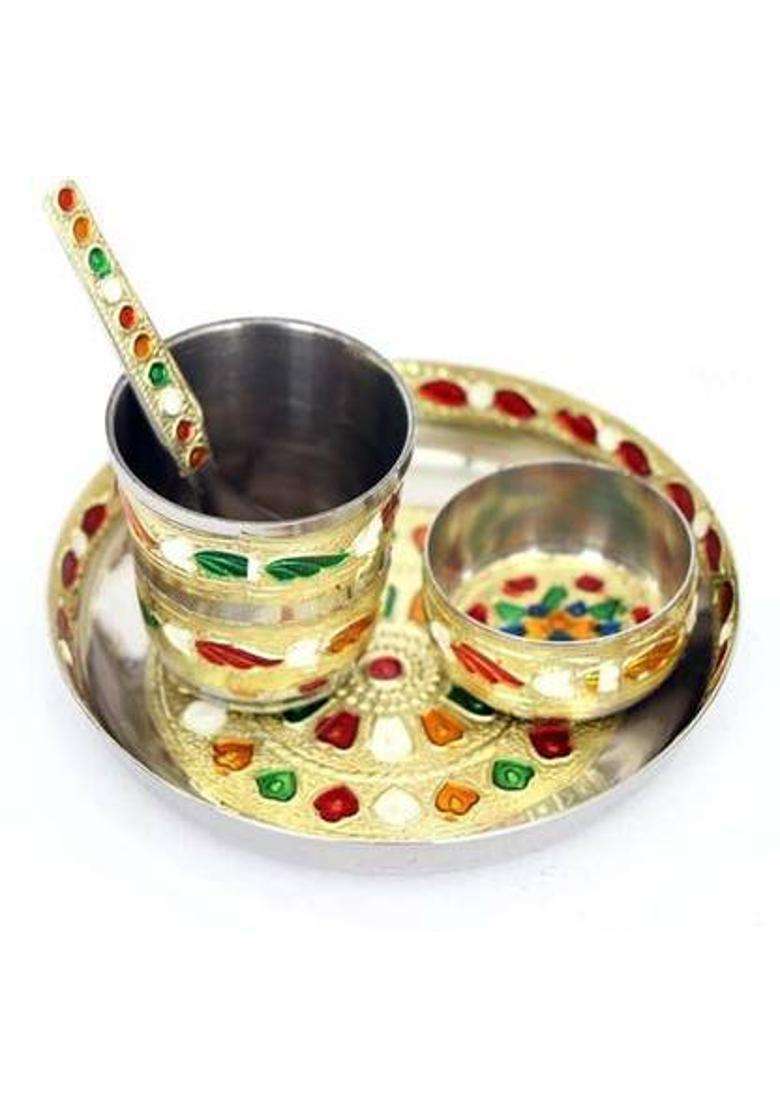 Kanishq Rajasthani Meenakari Work Laddu Gopal Baby Bhog Thali For God-Set Of 4 Steel (4 Pieces Multicolor) - Indya