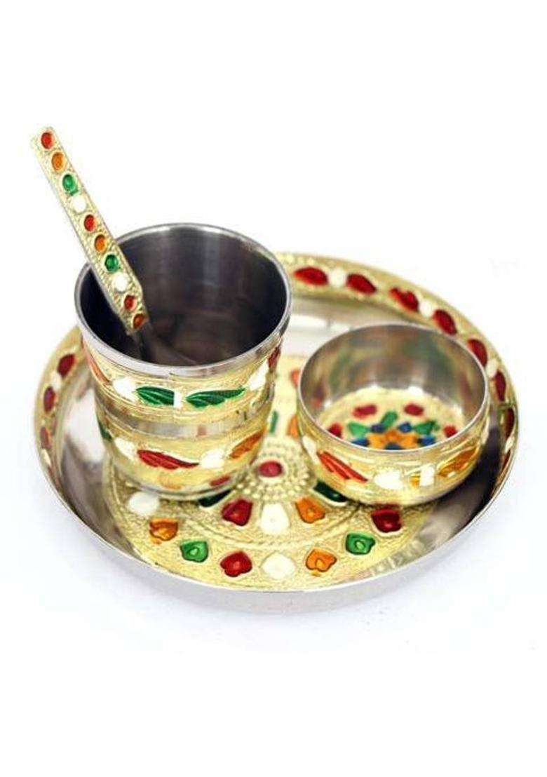 Kanishq Rajasthani Meenakari Work Laddu Gopal Baby Bhog Thali For God-Set Of 4 Steel (4 Pieces Multicolor) - Indya