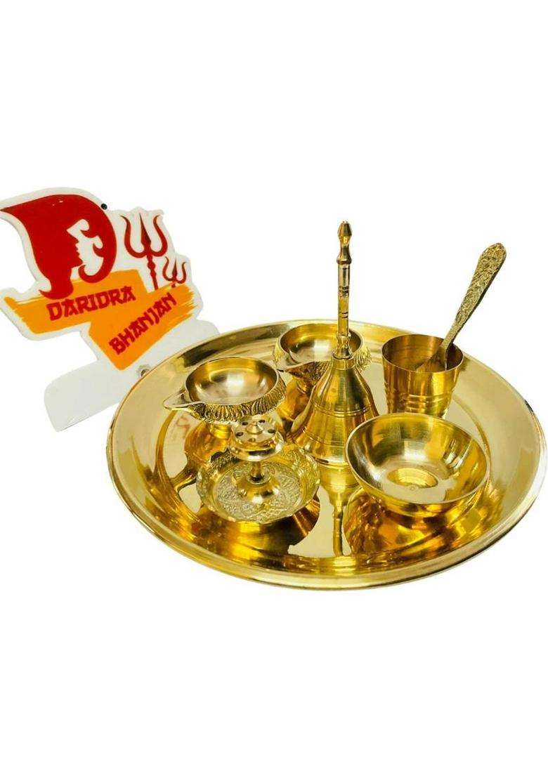 Daridra Bhnajan Brass Pooja Plate Religious Spiritual Item Home Temple Thali Set (1 Pieces Gold) - Indya