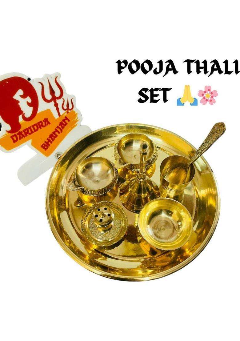 Daridra Bhnajan Brass Pooja Plate Religious Spiritual Item Home Temple Thali Set (1 Pieces Gold) - Indya