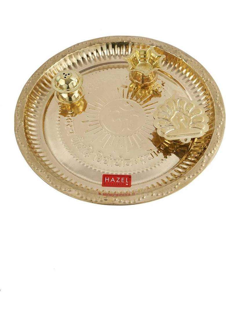 Hazel Astmangal Khuchi Brass Puja Pooja Aarti Golden Thali 125 Cm (4 Pieces Gold) - Indya