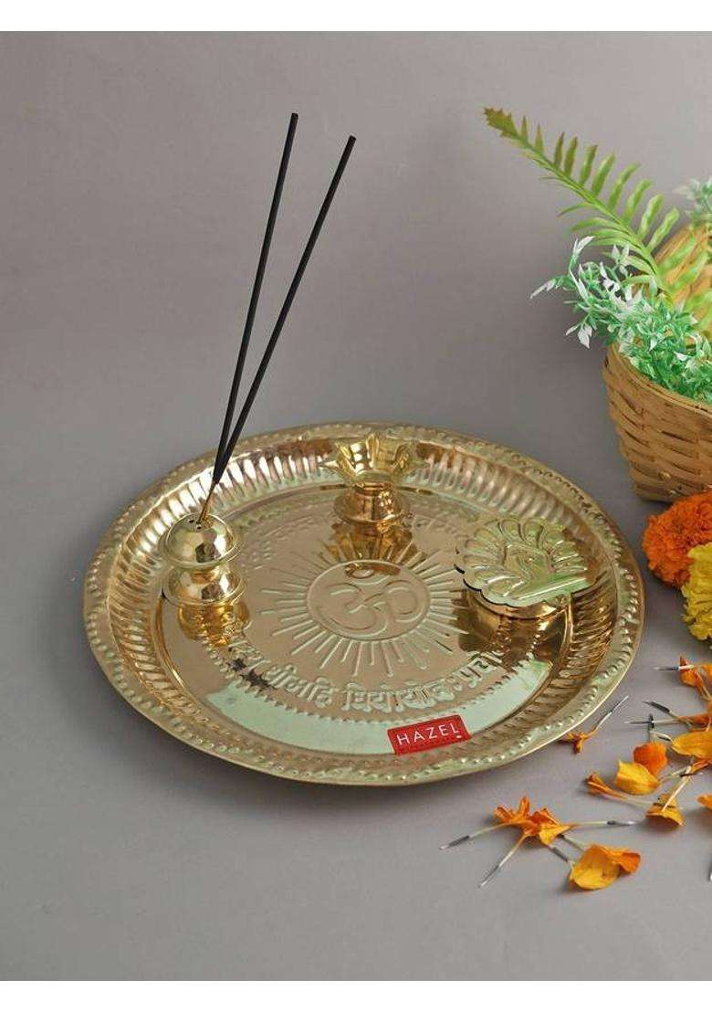 Hazel Astmangal Khuchi Brass Puja Pooja Aarti Golden Thali 125 Cm (4 Pieces Gold) - Indya