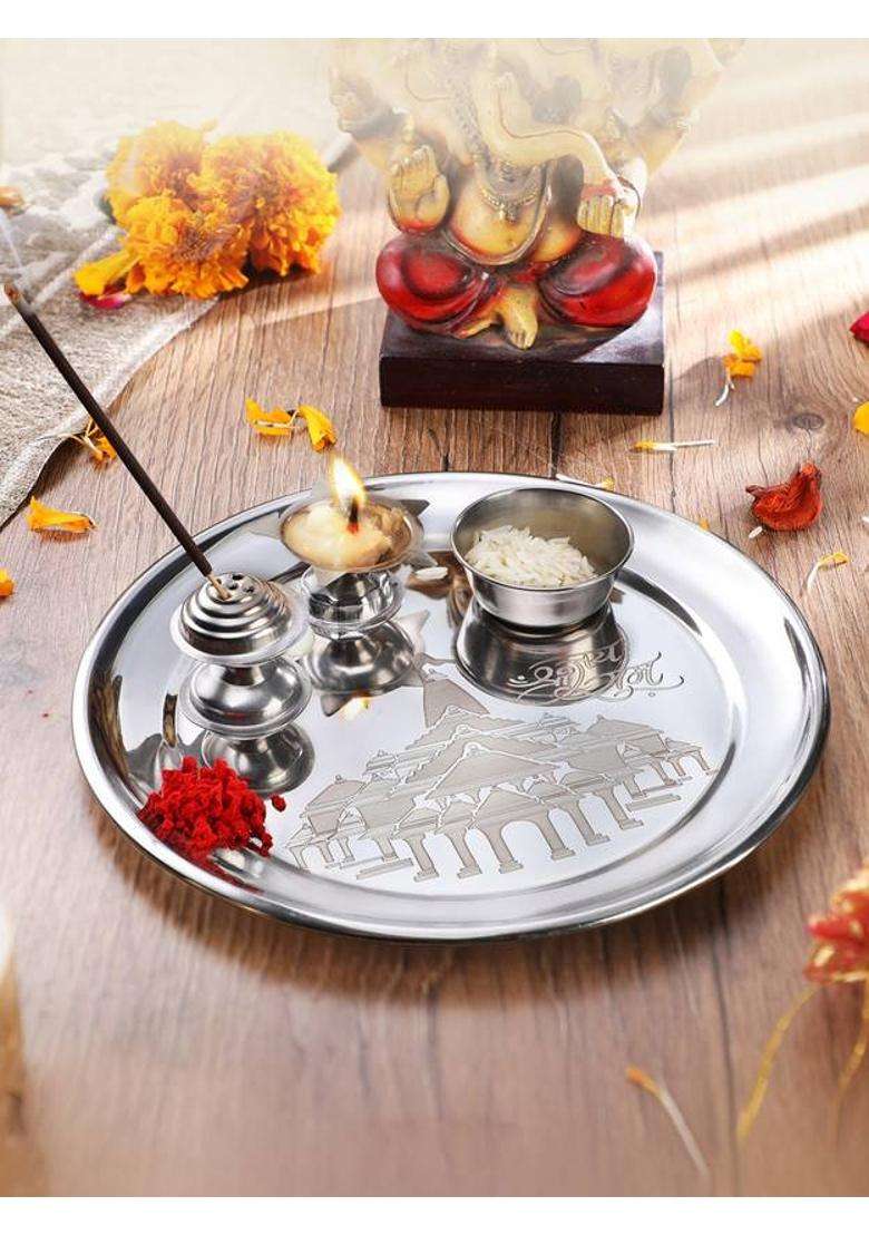 Classic Essentials Stainless Steel Ayodhya Ram Mandir Laser Printed Pooja Thali (1 Pieces Silver) - Indya