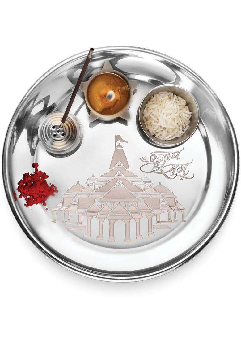 Classic Essentials Stainless Steel Ayodhya Ram Mandir Laser Printed Pooja Thali (1 Pieces Silver) - Indya
