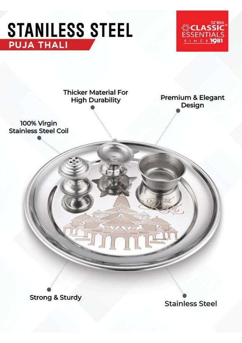 Classic Essentials Stainless Steel Ayodhya Ram Mandir Laser Printed Pooja Thali (1 Pieces Silver) - Indya