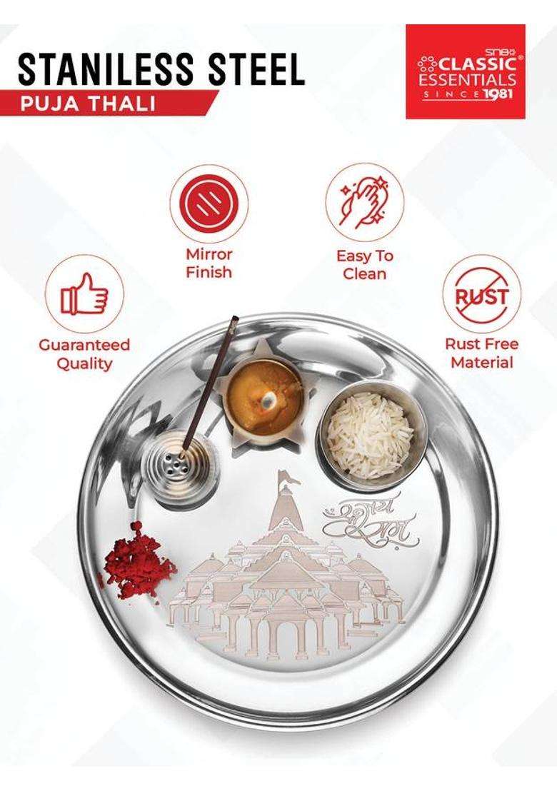 Classic Essentials Stainless Steel Ayodhya Ram Mandir Laser Printed Pooja Thali (1 Pieces Silver) - Indya