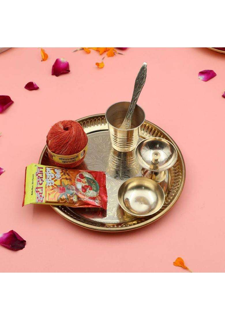 Rolimoli Handcrafted 100% Brass Pooja Flower Thali Plate Set With Paro Diya & Roli Moli (1 Pieces Gold) - Indya