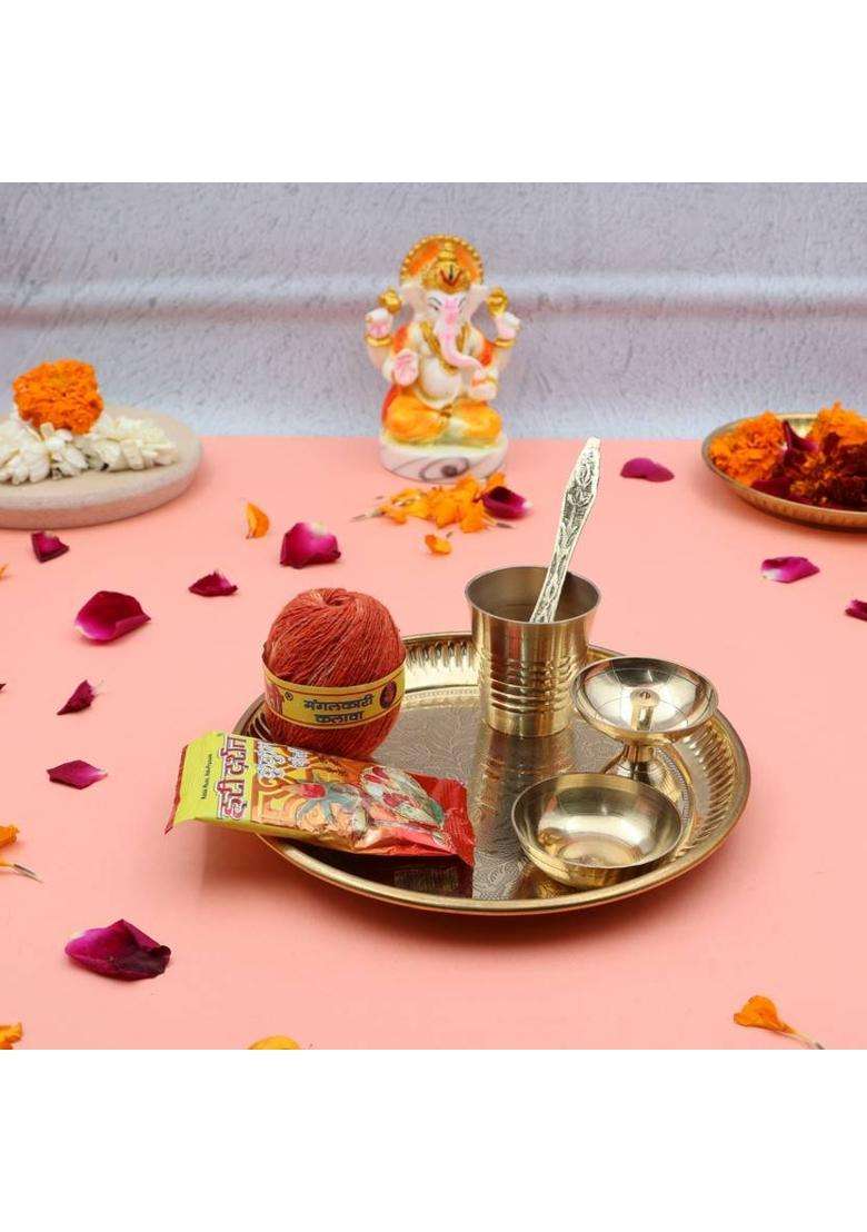 Rolimoli Handcrafted 100% Brass Pooja Flower Thali Plate Set With Paro Diya & Roli Moli (1 Pieces Gold) - Indya