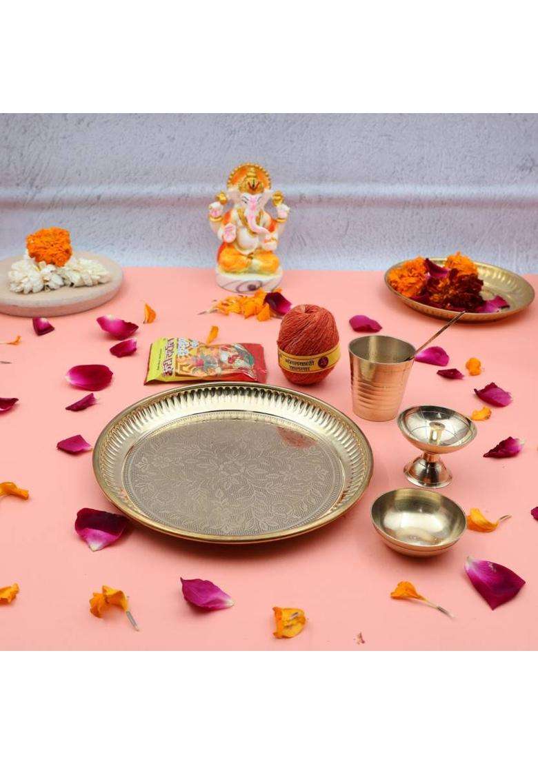 Rolimoli Handcrafted 100% Brass Pooja Flower Thali Plate Set With Paro Diya & Roli Moli (1 Pieces Gold) - Indya