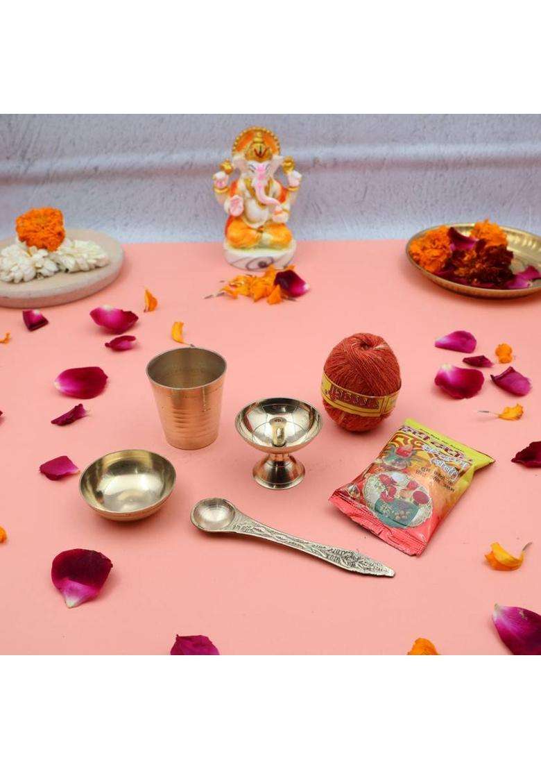 Rolimoli Handcrafted 100% Brass Pooja Flower Thali Plate Set With Paro Diya & Roli Moli (1 Pieces Gold) - Indya