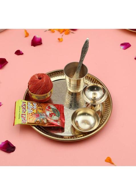 Rolimoli Handcrafted 100% Brass Pooja Flower Thali Plate Set With Paro Diya & Roli Moli (1 Pieces Gold)
