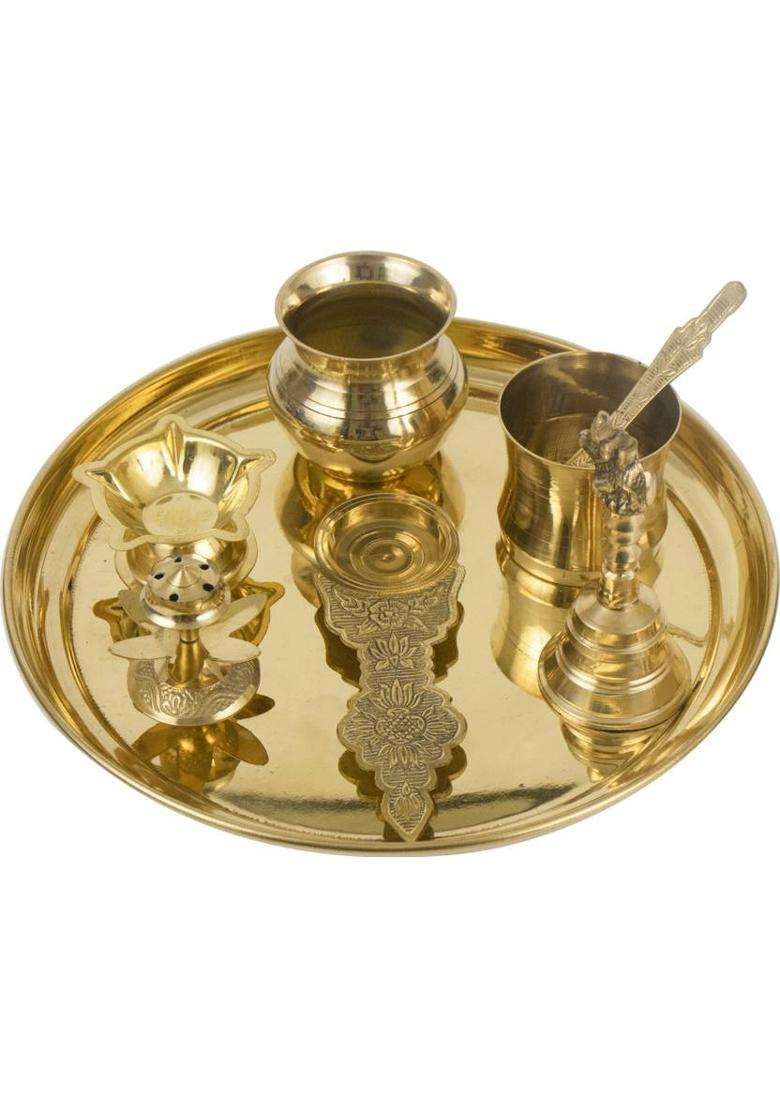 Spillbox Traditional Handcrafted Brass Thali/Aarti Bartan Plate Plain Thali Set (Gold) - Indya