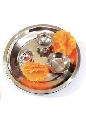 Dark Cloud Stainless Steel Pooja Thali Set Medium Size For Temple (4 Pieces Steel) (1