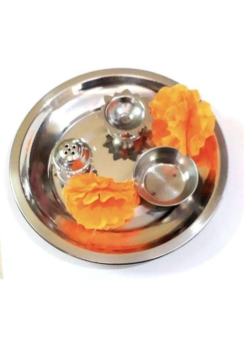 Dark Cloud Stainless Steel Pooja Thali Set Medium Size For Temple (4 Pieces Steel) (1 - Indya