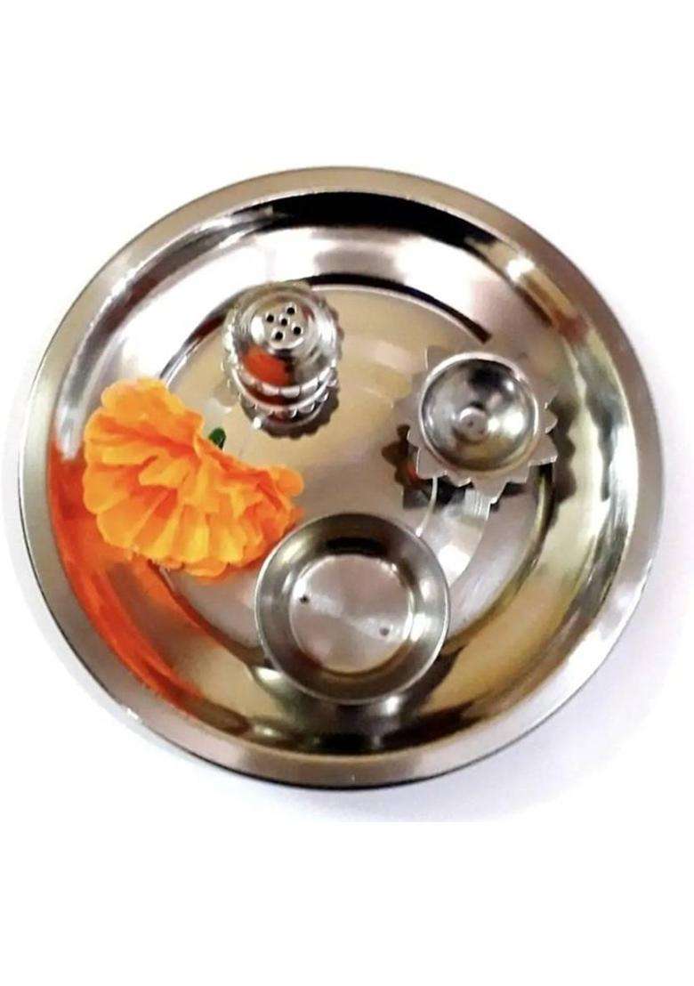 Dark Cloud Stainless Steel Pooja Thali Set Medium Size For Temple (4 Pieces Steel) (1 - Indya