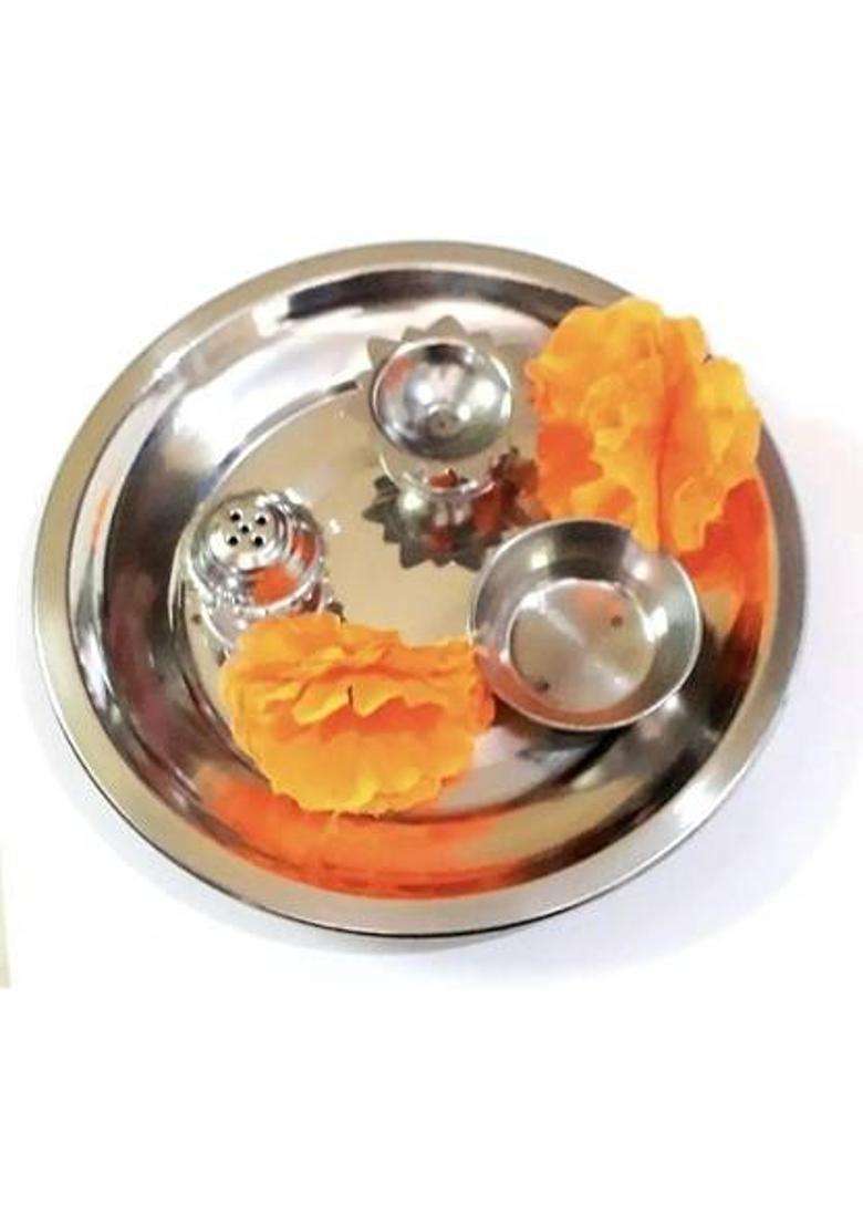 Dark Cloud Stainless Steel Pooja Thali Set Medium Size For Temple (4 Pieces Steel) (1 - Indya