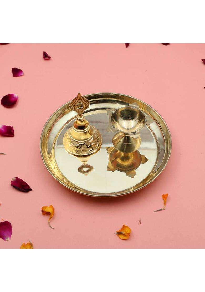 Torppeza Handcrafted 100% Brass Pooja Thali Plate Set With Bell & 5 Face Diya (3 Pieces Gold) - Indya