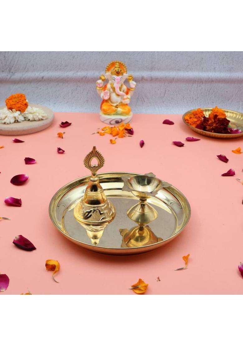 Torppeza Handcrafted 100% Brass Pooja Thali Plate Set With Bell & 5 Face Diya (3 Pieces Gold) - Indya