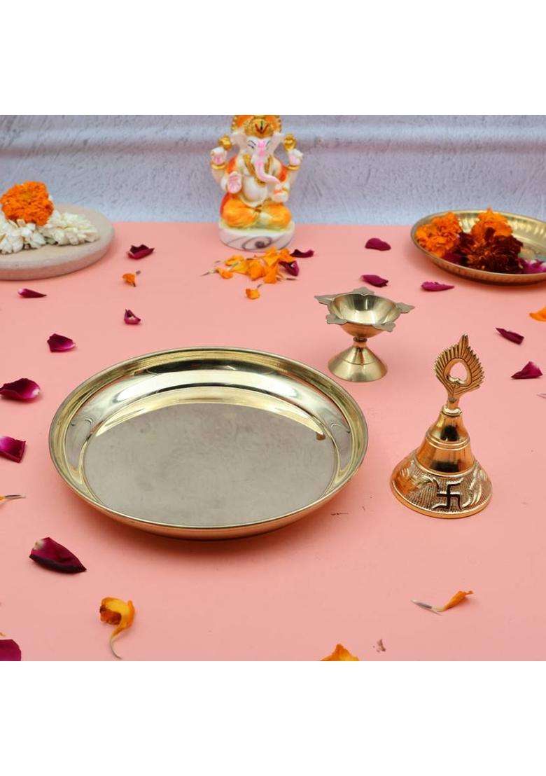 Torppeza Handcrafted 100% Brass Pooja Thali Plate Set With Bell & 5 Face Diya (3 Pieces Gold) - Indya