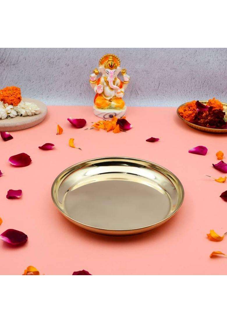 Torppeza Handcrafted 100% Brass Pooja Thali Plate Set With Bell & 5 Face Diya (3 Pieces Gold) - Indya