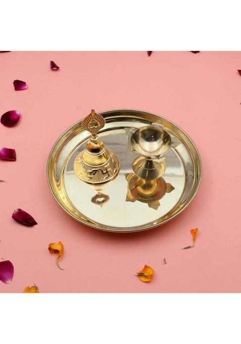 Torppeza Handcrafted 100% Brass Pooja Thali Plate Set With Bell & 5 Face Diya (3 Pieces, Gold)