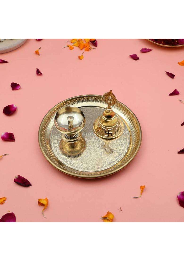 Shri Anand Handcrafted 100% Brass Pooja Thali Plate Set With Tomato Diya & Bell (1 Pieces Gold) - Indya