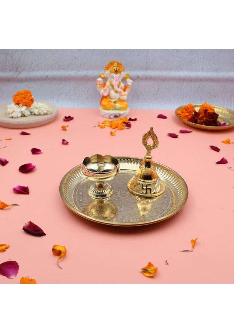 Shri Anand Handcrafted 100% Brass Pooja Thali Plate Set With Tomato Diya & Bell (1 Pieces Gold) - Indya