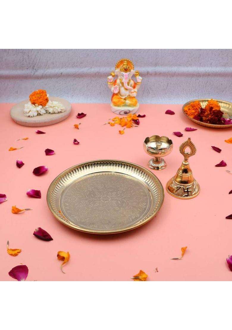 Shri Anand Handcrafted 100% Brass Pooja Thali Plate Set With Tomato Diya & Bell (1 Pieces Gold) - Indya