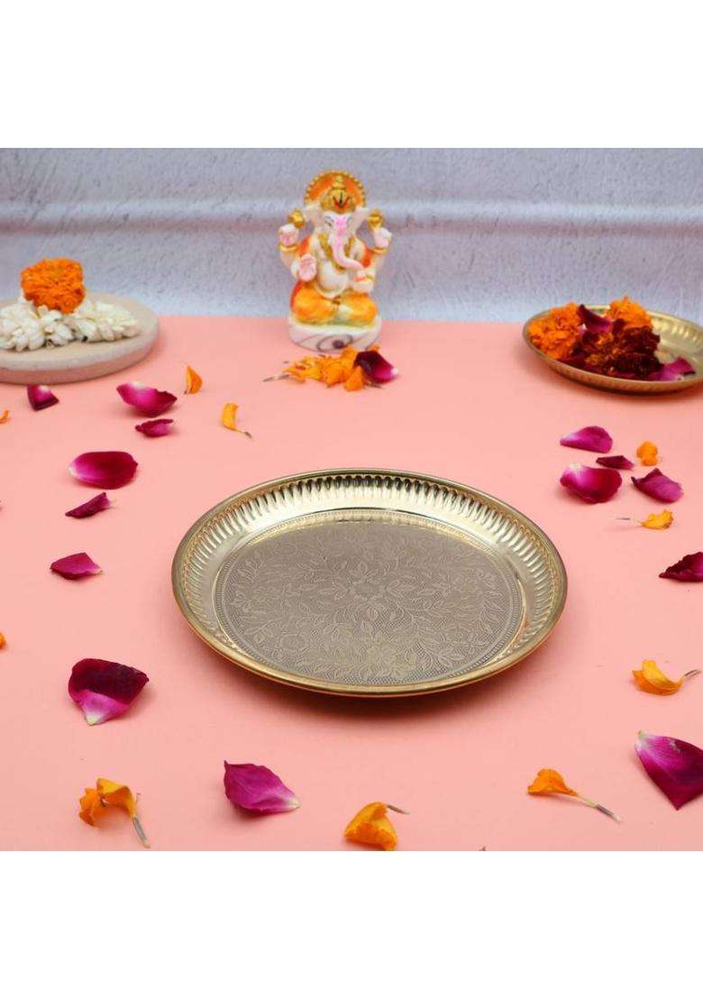 Shri Anand Handcrafted 100% Brass Pooja Thali Plate Set With Tomato Diya & Bell (1 Pieces Gold) - Indya