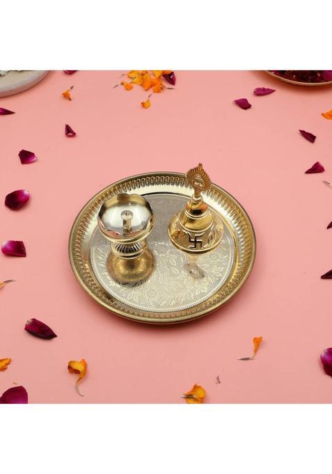 Shri Anand Handcrafted 100% Brass Pooja Thali Plate Set With Tomato Diya & Bell (1 Pieces, Gold)