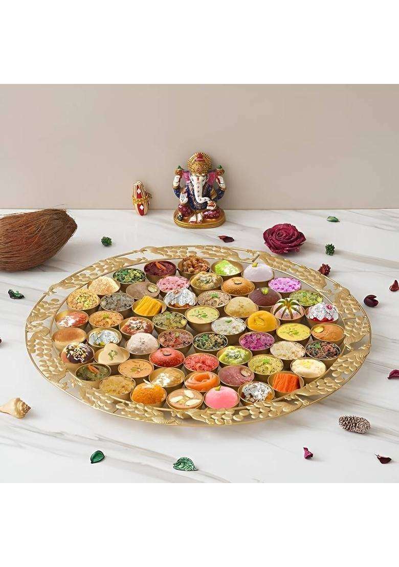 Homing Thistle 56 Bhog Thali Peacock Design Traditional For Home Mandir Pooja Iron (1 Pieces Gold) - Indya