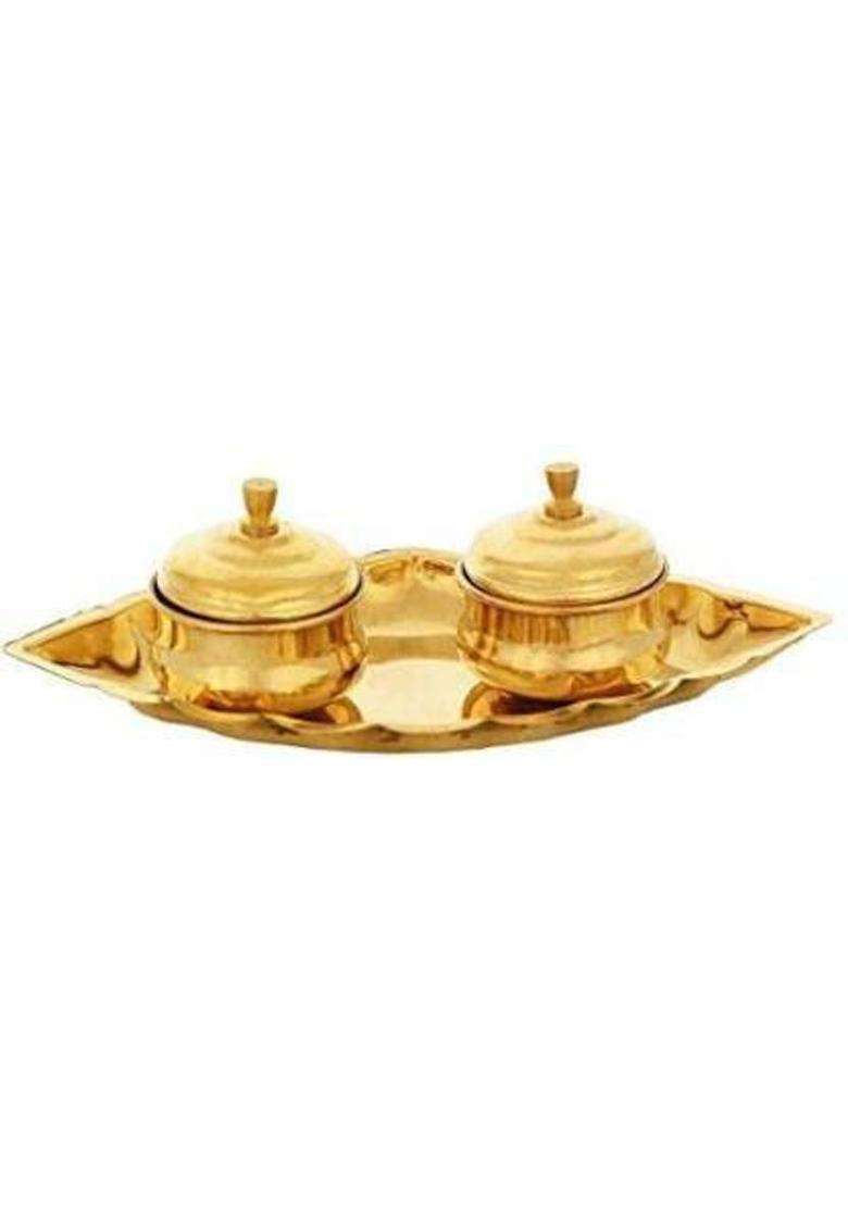 Bekner Chandan Roli/Tika Chopda Set/Chawal Akshat Haldi Dibbi/Kumkum Holder Box With Lid Brass (Gold) - Indya
