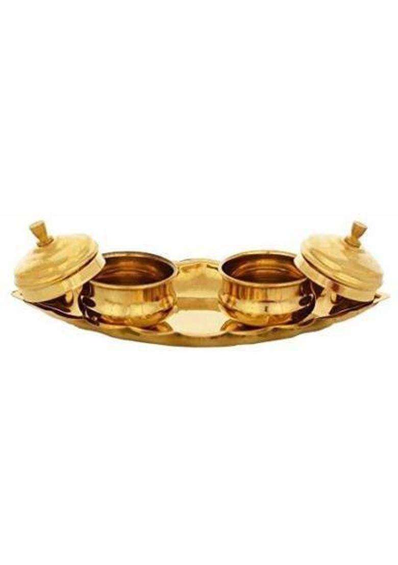 Bekner Chandan Roli/Tika Chopda Set/Chawal Akshat Haldi Dibbi/Kumkum Holder Box With Lid Brass (Gold) - Indya