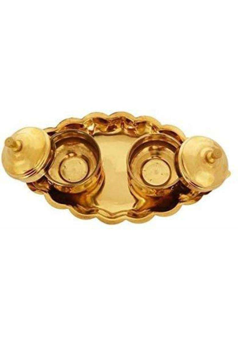 Bekner Chandan Roli/Tika Chopda Set/Chawal Akshat Haldi Dibbi/Kumkum Holder Box With Lid Brass (Gold) - Indya