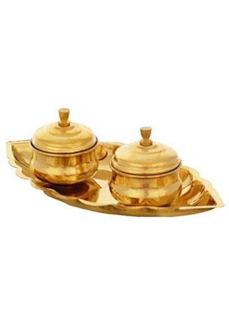Bekner Chandan Roli/Tika Chopda Set/Chawal Akshat Haldi Dibbi/Kumkum Holder Box With Lid Brass (Gold) - Indya