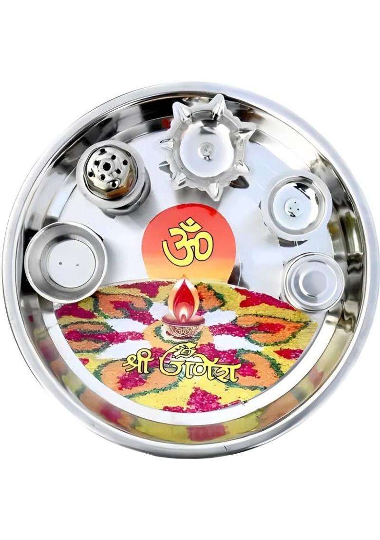 Arisers Heavy Steel Pooja Thali With Deepa Agarbatti Stand Roli Chawal (1 Pieces Steel) - Indya