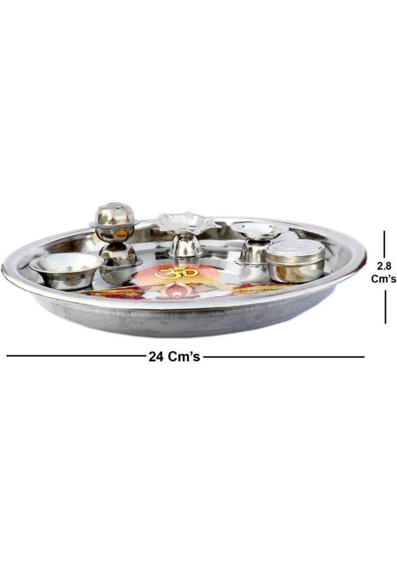 Arisers Heavy Steel Pooja Thali With Deepa Agarbatti Stand Roli Chawal (1 Pieces Steel) - Indya