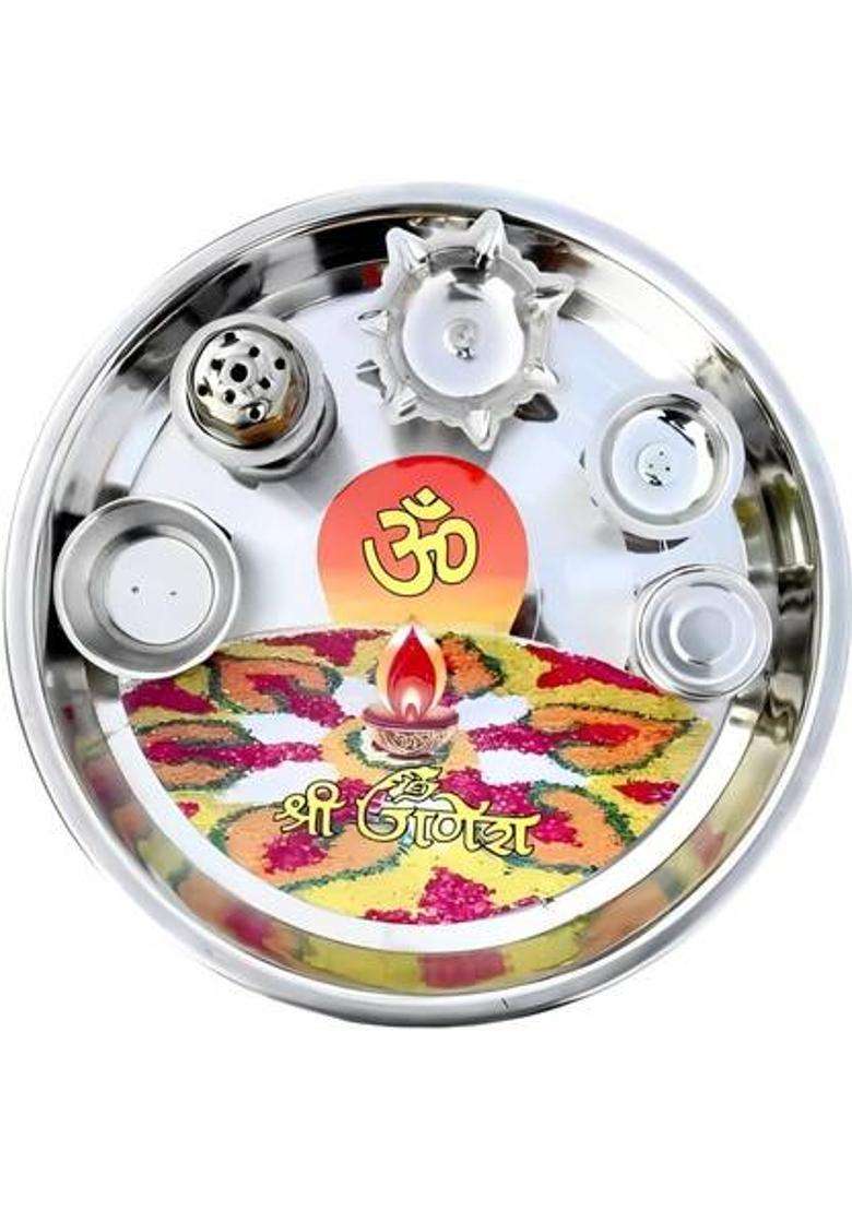 Arisers Heavy Steel Pooja Thali With Deepa Agarbatti Stand Roli Chawal (1 Pieces Steel) - Indya